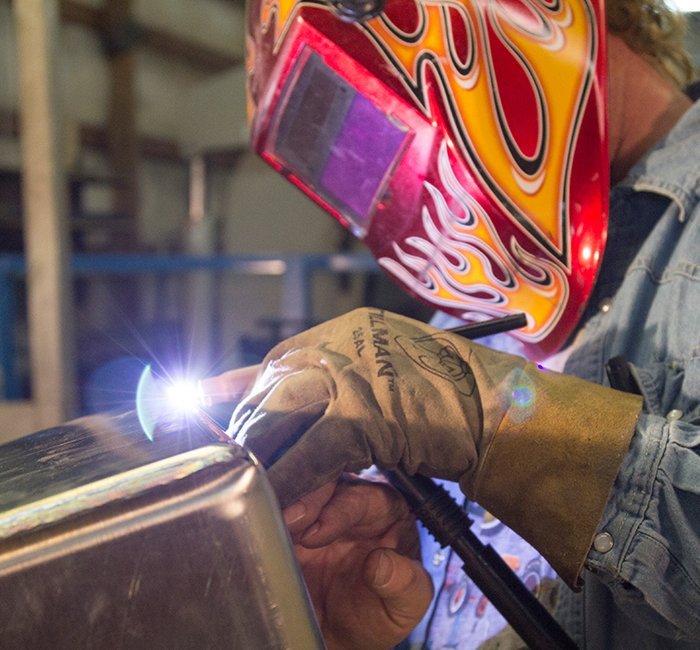Welding up close with flame helmet