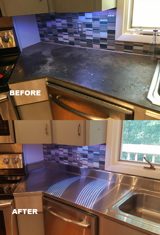STAINLESS STEEL RESIDENTIAL KITCHEN COUNTER REMODEL BEFORE AND AFTER