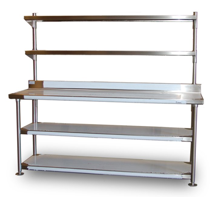 stainless steel restaurant work table with elevated shelves
